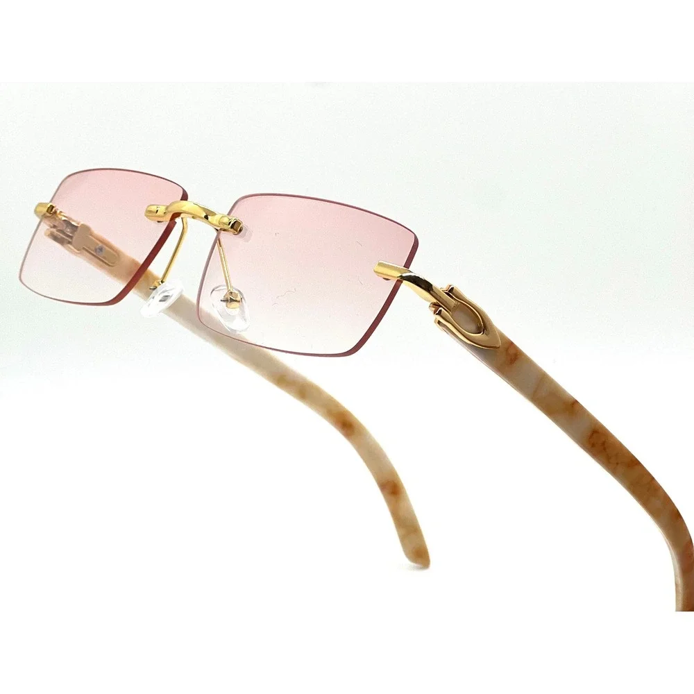 Mens Rimless Rectangle Sunglasses‎ Gold Pink Gradient Lens Marble C-Decor Hinge